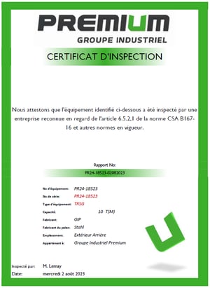 Certificat inspection équipement de levage