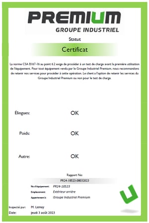 Certificat d'équipement de levage = test de charge