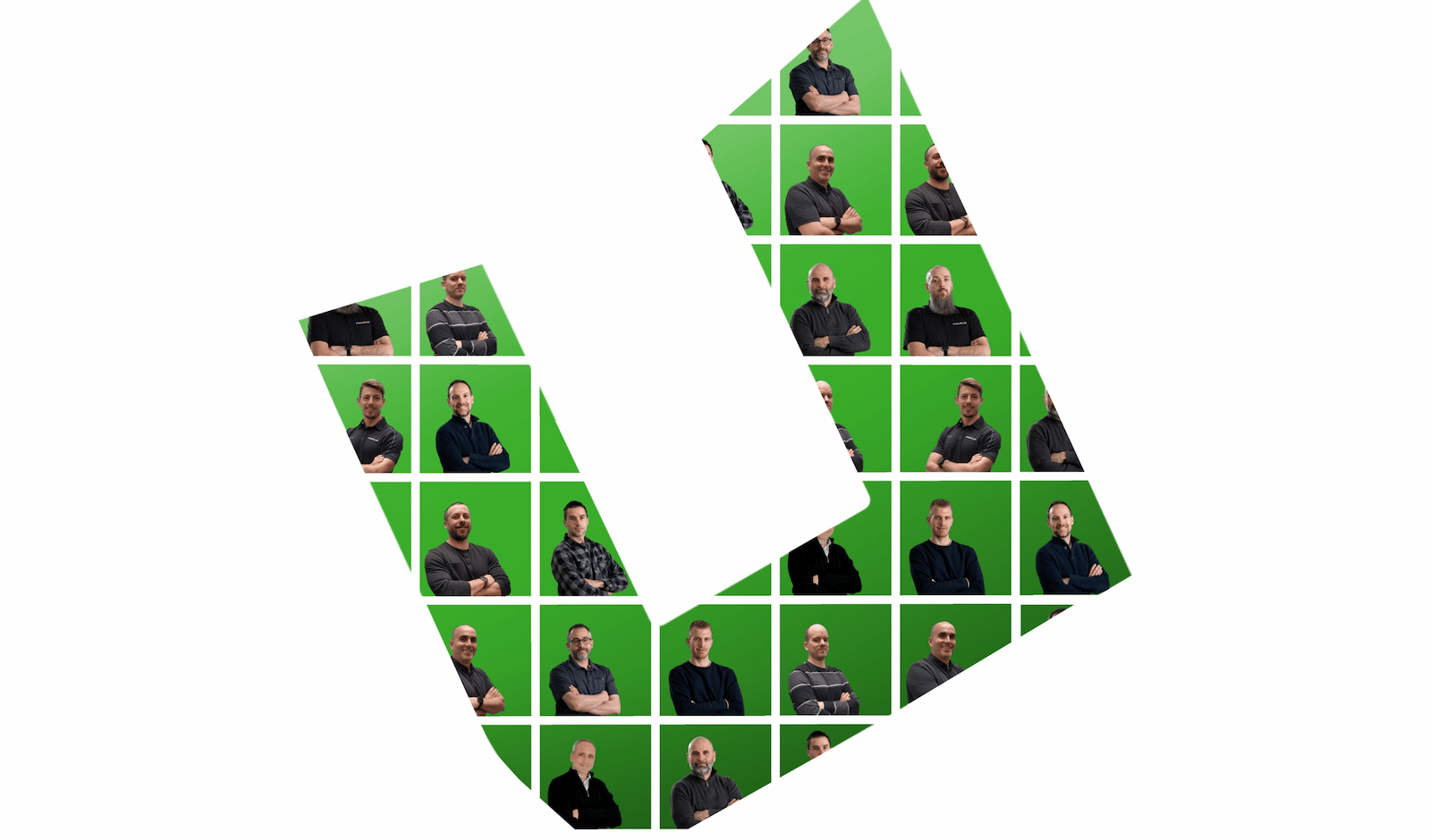green u letter filled with pictures of team members