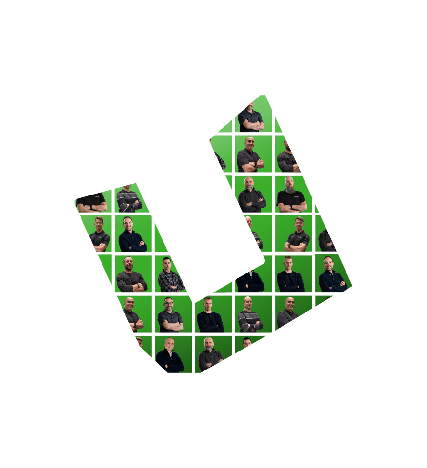 green u letter filled with pictures of team members