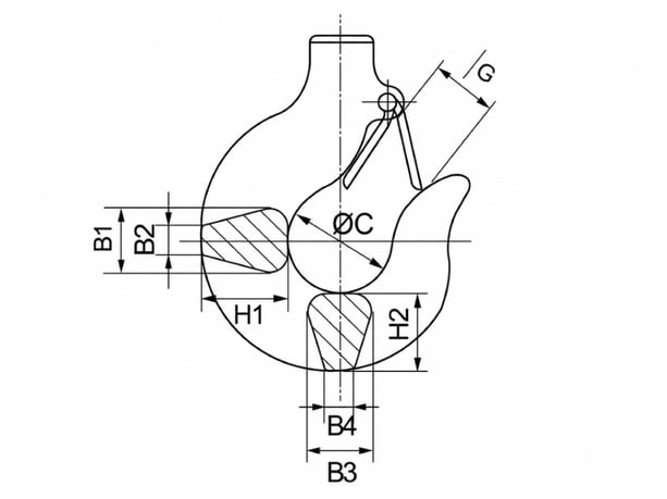 schema démontrant  les dimensions d'un crochet de levage qui conditionnent la compatibilité avec un accessoire.