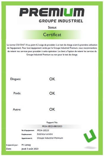 un certificat de test de charge