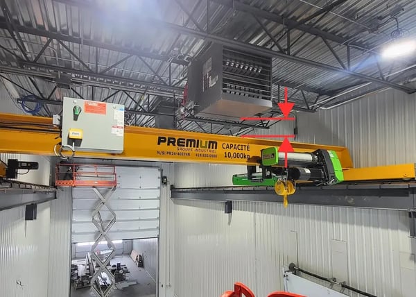 schéma d'un pont roulant dessous un système de chauffage avec 2 flèches rouges montrant l'espacement