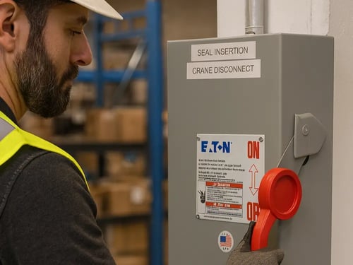 maitre électricien la main sur le levier du sectionneur